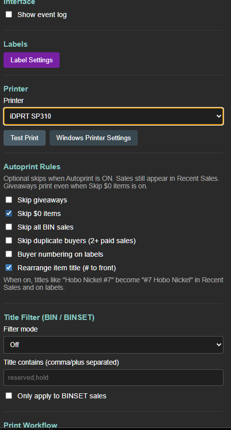 Settings panel with printer selection, autoprint rules, and title filters